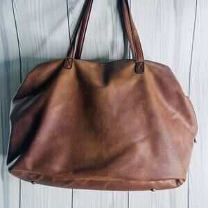 Free People Brown Faux Leather Large Tote Shoulder Bag Slouchy Soft Boho